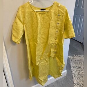 Lisa Bayne Yellow Linen Hi-Lo Asymmetrical Lagenlook Button Top Size Medium